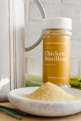 Clean Monday Meals bouillon powder tub highlights reseal convenience