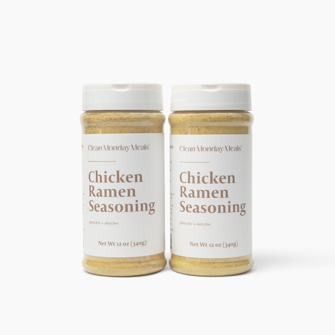 Clean Monday Meals Chicken Ramen Seasoning jar on pantry shelf boosts gluten-free noodles.