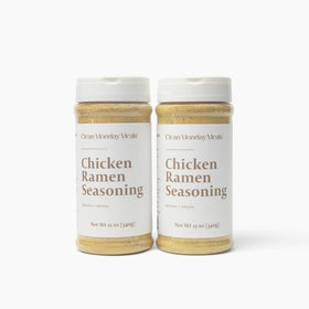 Clean Monday Meals Chicken Ramen Seasoning jar on pantry shelf boosts gluten-free noodles.
