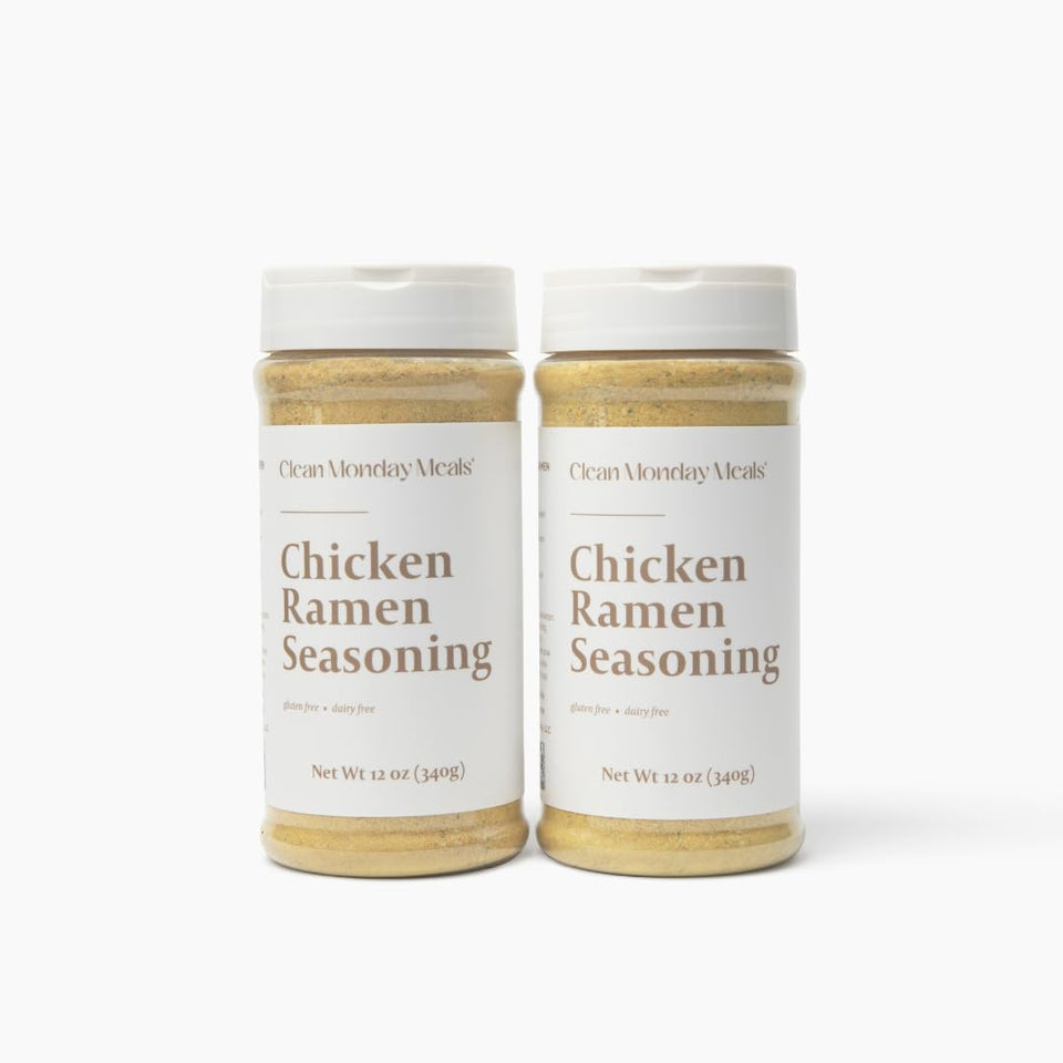 Clean Monday Meals Chicken Ramen Seasoning jar on pantry shelf boosts gluten-free noodles.