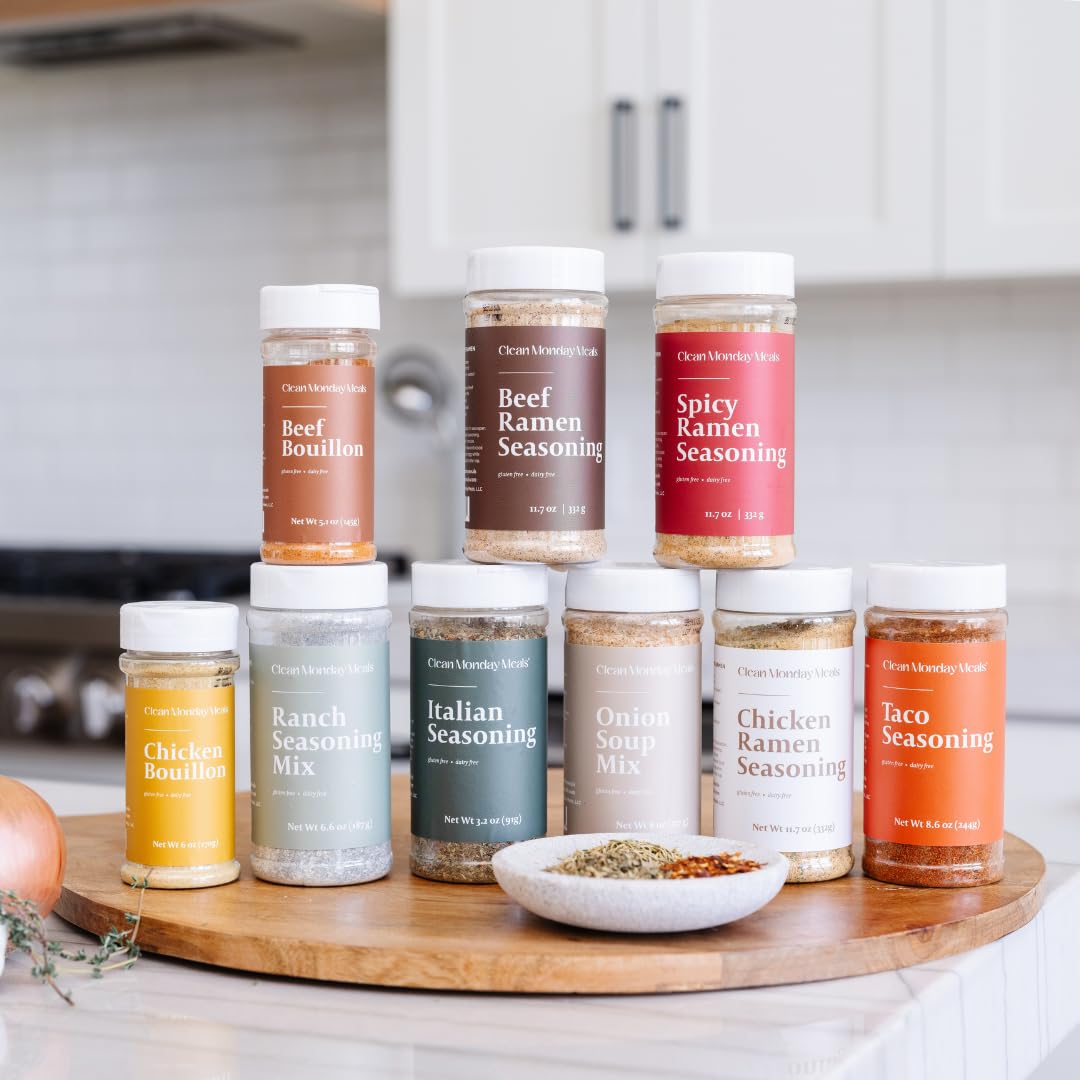 Clean Monday Meals kitchen-counter shelf with jars and bowls for everyday flavor