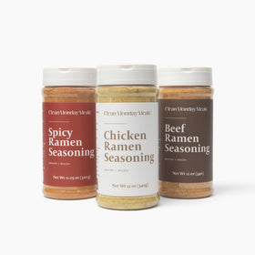 Clean Monday Meals ramen seasoning trio front shows gluten-free, dairy-free flavor potential.