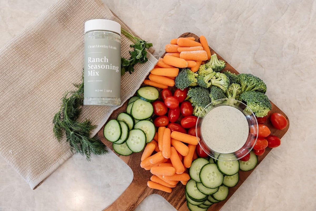 Clean Monday Meals ranch seasoning label close-up highlights gluten-free, dairy-free promise.