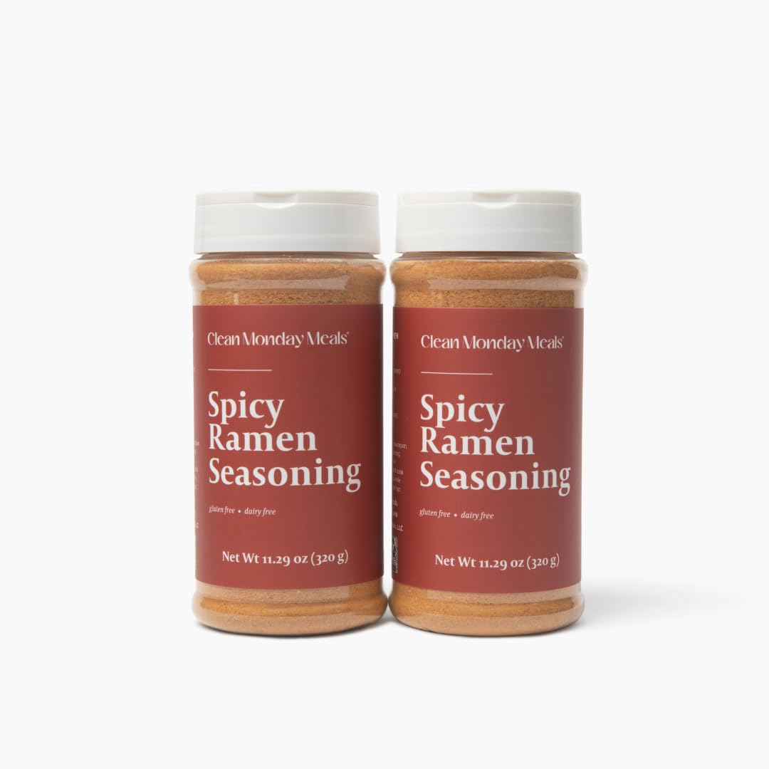 Clean Monday Meals spicy ramen seasoning bottle ready for bold gluten-free flavor.