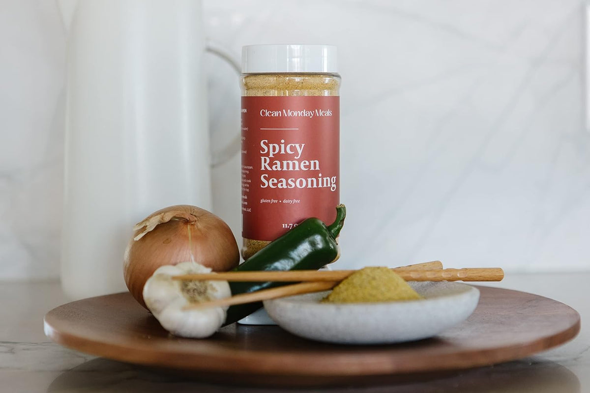 Closeup of the seasoning jar ready to boost ramen flavor.