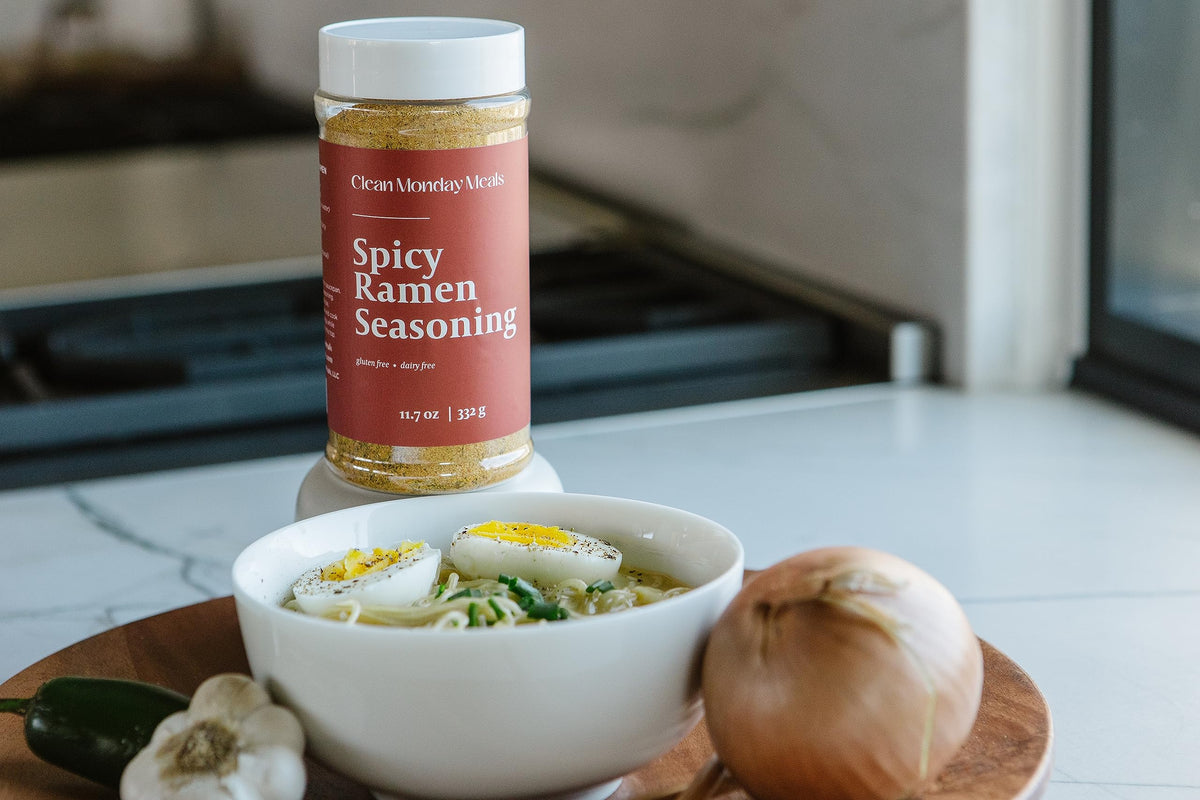 Clean Monday Meals spicy ramen seasoning pack adds heat to soups and stir-fries.