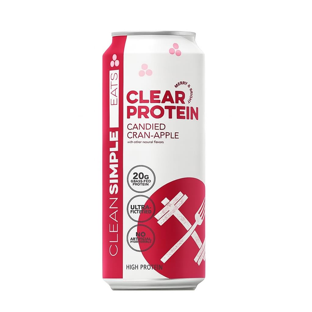 Clean Simple Eats Clear Protein Water can front, delivering 20 g grass-fed whey protein for on-the-go protein.