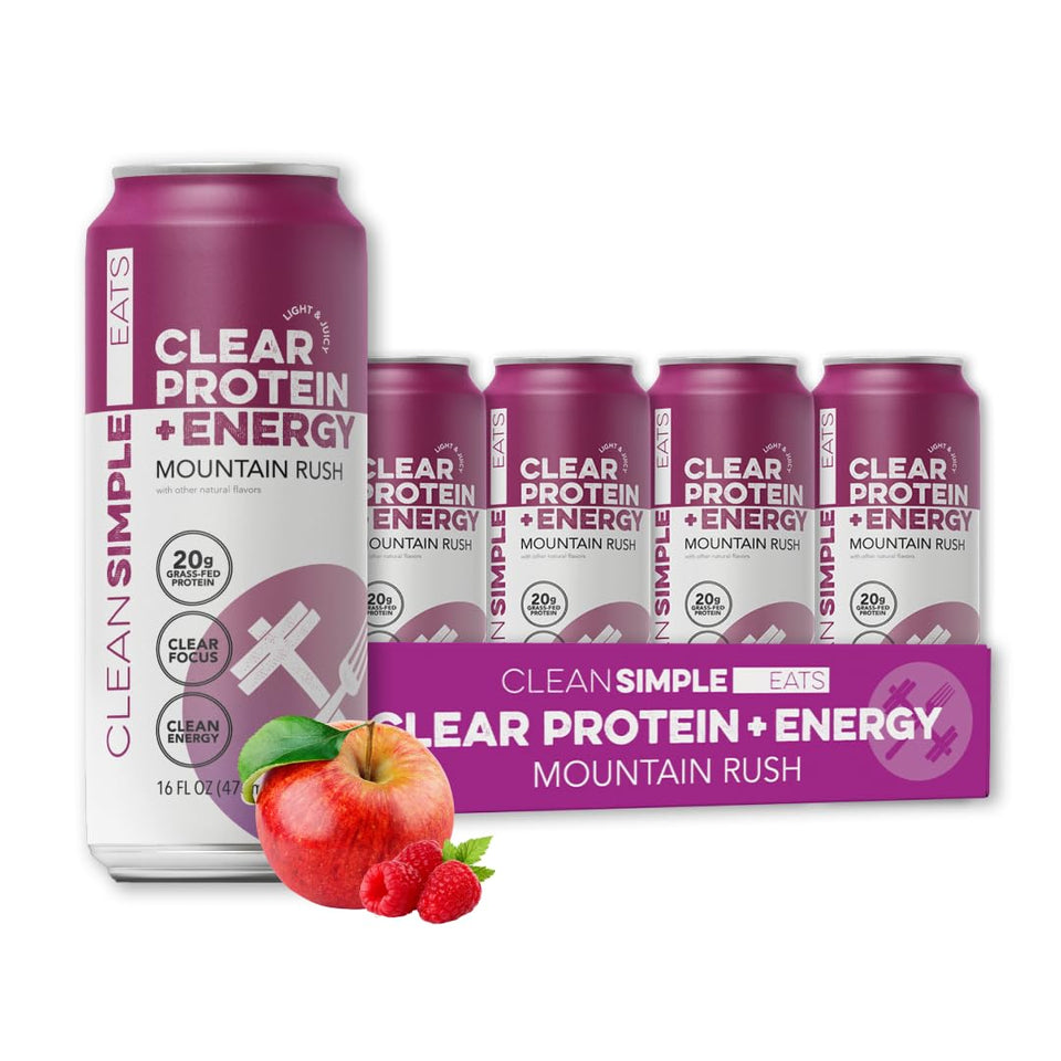 Clean Simple Eats Mountain Rush can close-up showing bold flavor for a refreshing energy boost