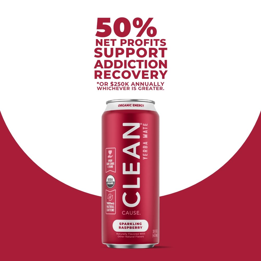 Closeup of Clean Cause Raspberry Yerba Mate Sparkling Can showing 16 oz can