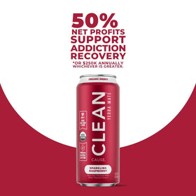 Closeup of Clean Cause Raspberry Yerba Mate Sparkling Can showing 16 oz can