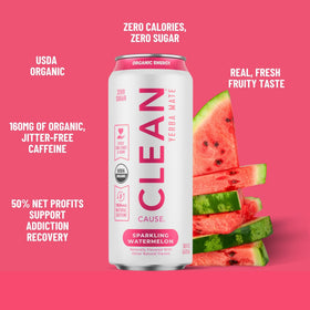 Clean Cause USDA Organic certification label on watermelon yerba mate can