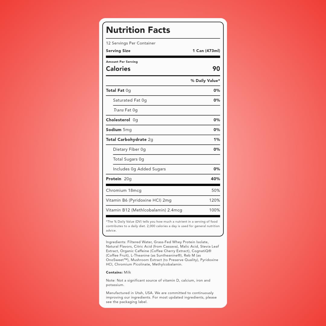 Closeup of label shows 20g grass-fed whey and natural caffeine for focus.