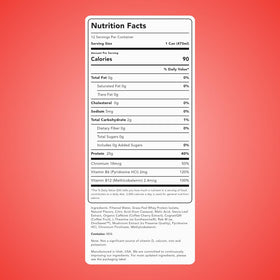 Closeup of label shows 20g grass-fed whey and natural caffeine for focus.