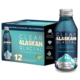 Clear Alaskan Glacial bottle front view in aluminum for on-the-go hydration.