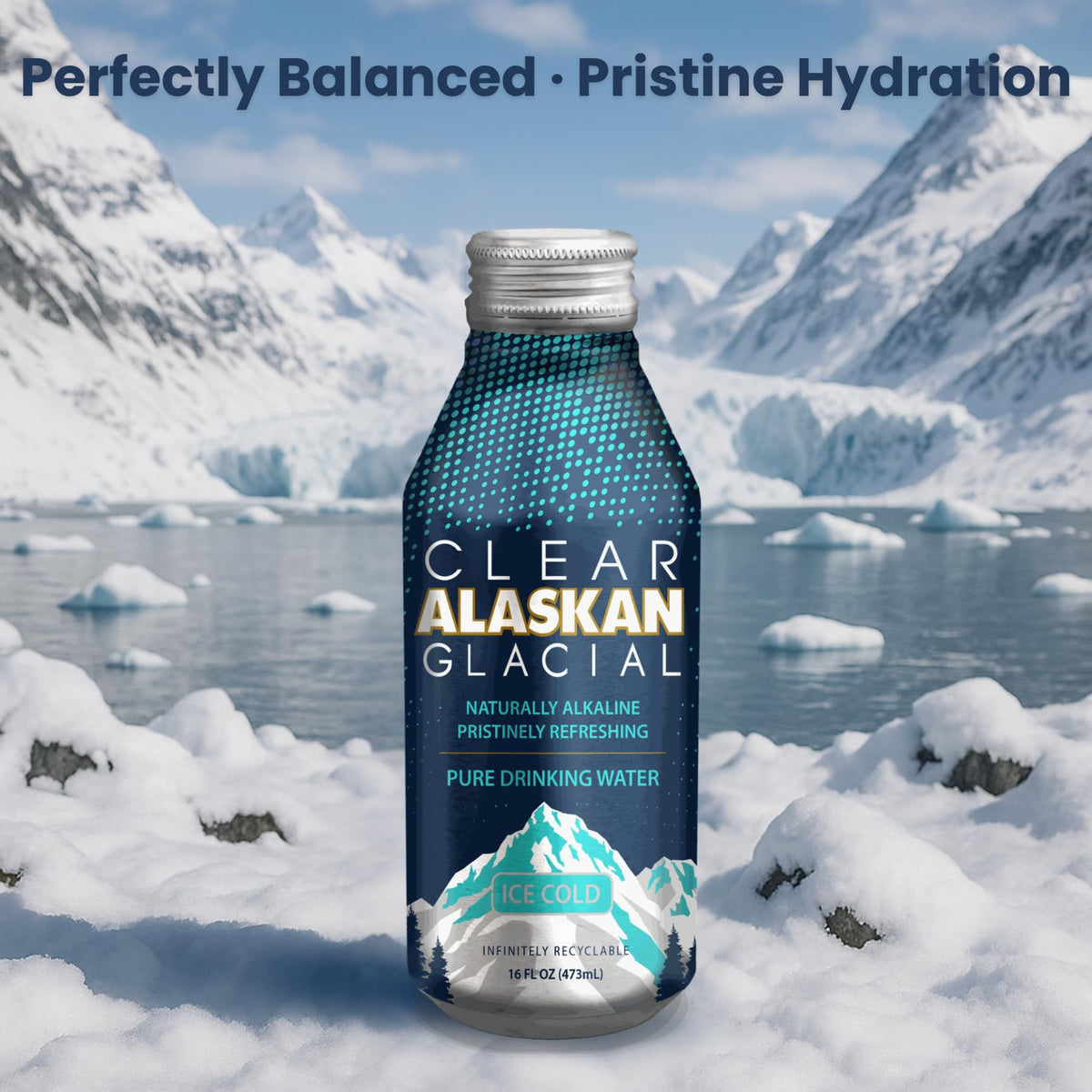 Clear Alaskan Glacial bottle side view showcasing compact aluminum packaging.