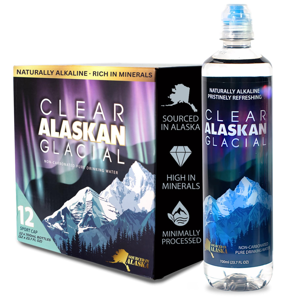 Clear Alaskan Glacial bottle with sport cap for on-the-go hydration