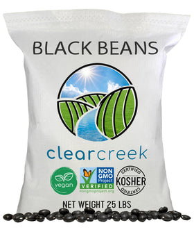 CLEAR CREEK black beans 25 lb bag for bulk pantry use.