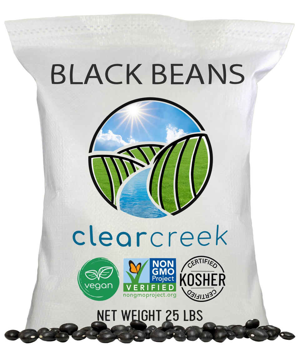 CLEAR CREEK black beans 25 lb bag for bulk pantry use.