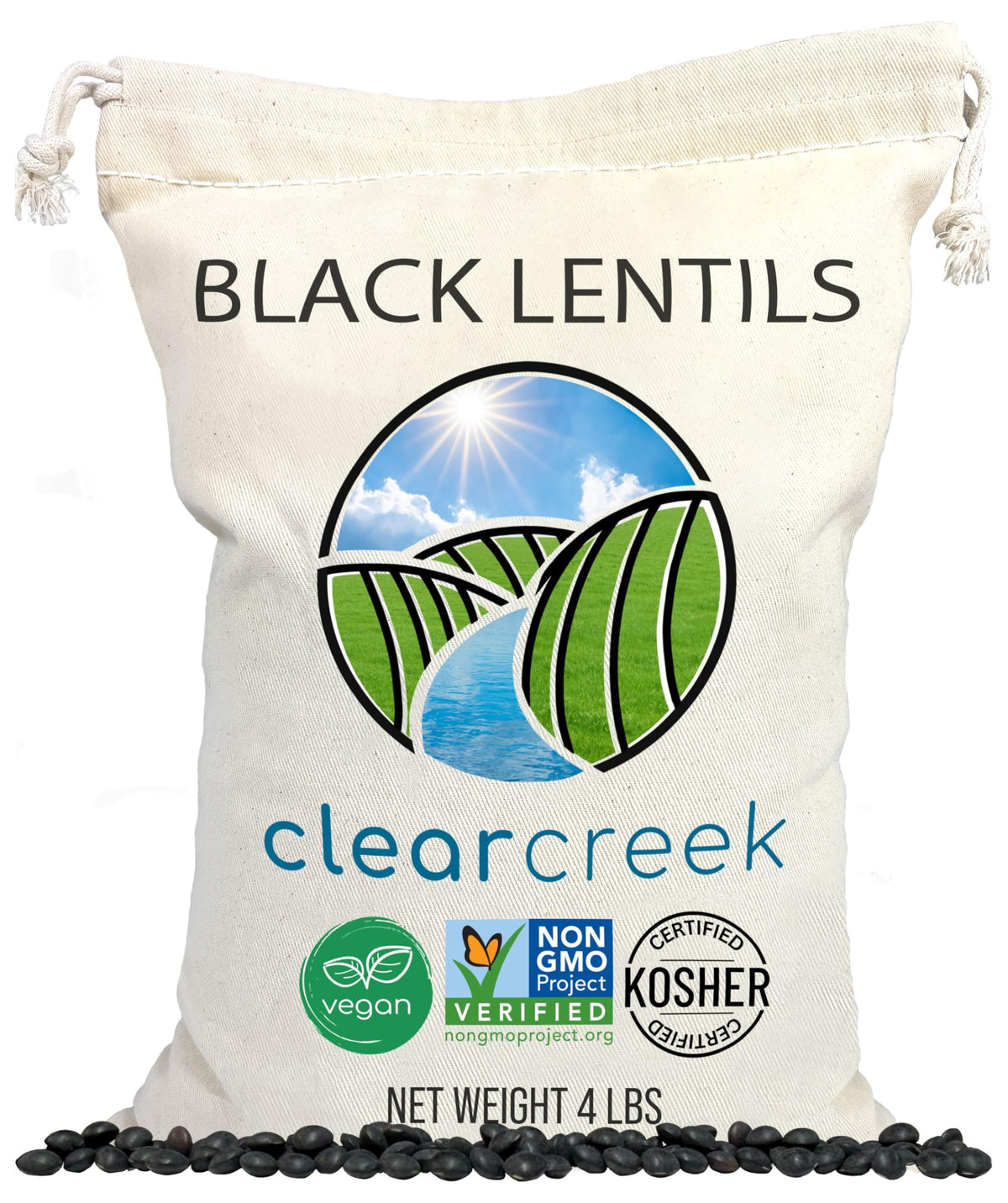 CLEAR CREEK Black Lentils bag showing premium pulses for quick protein-rich meals.