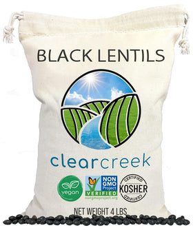 CLEAR CREEK Black Lentils bag showing premium pulses for quick protein-rich meals.