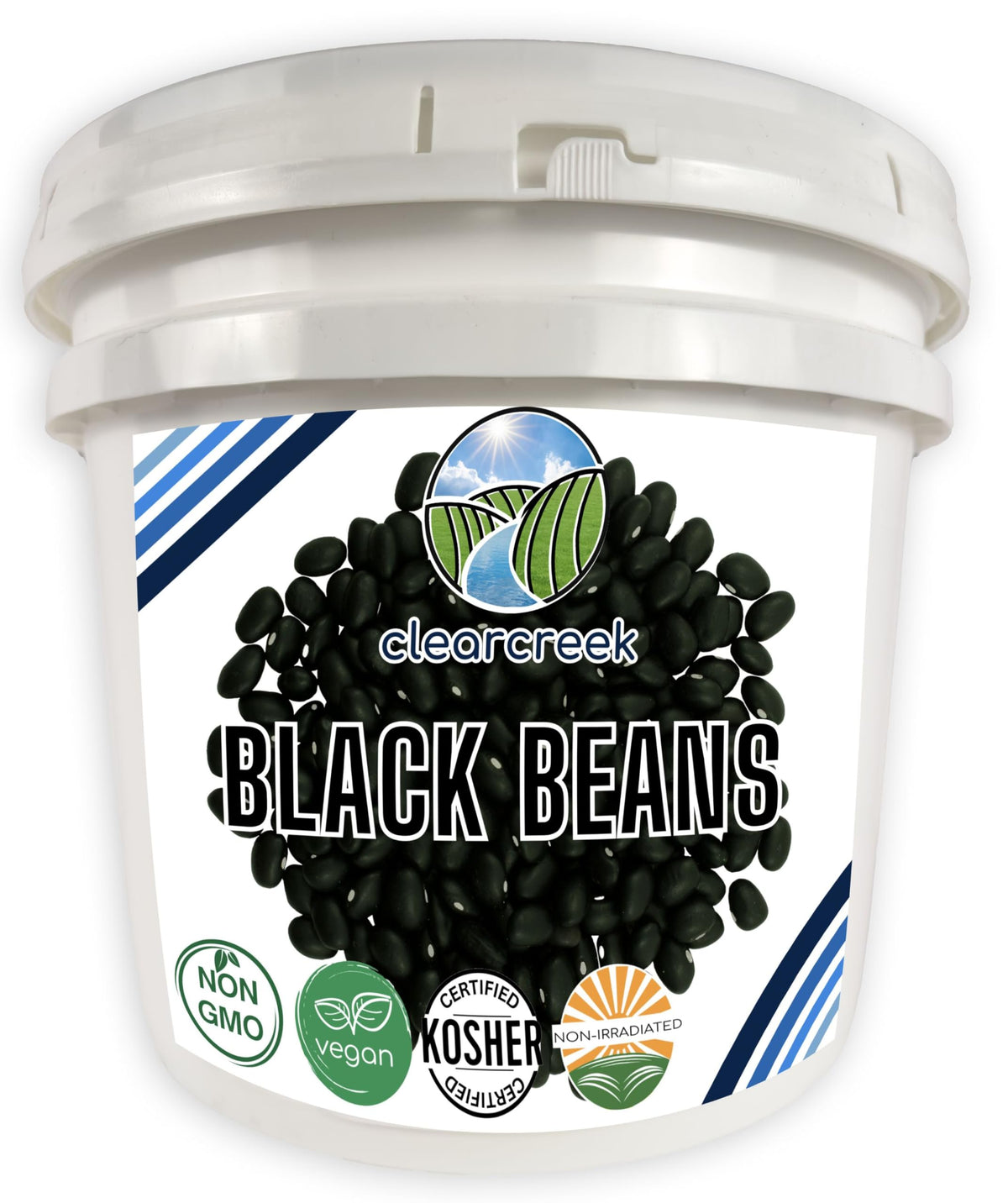 CLEAR CREEK dry black beans 25lb bucket front view for bulk cooking