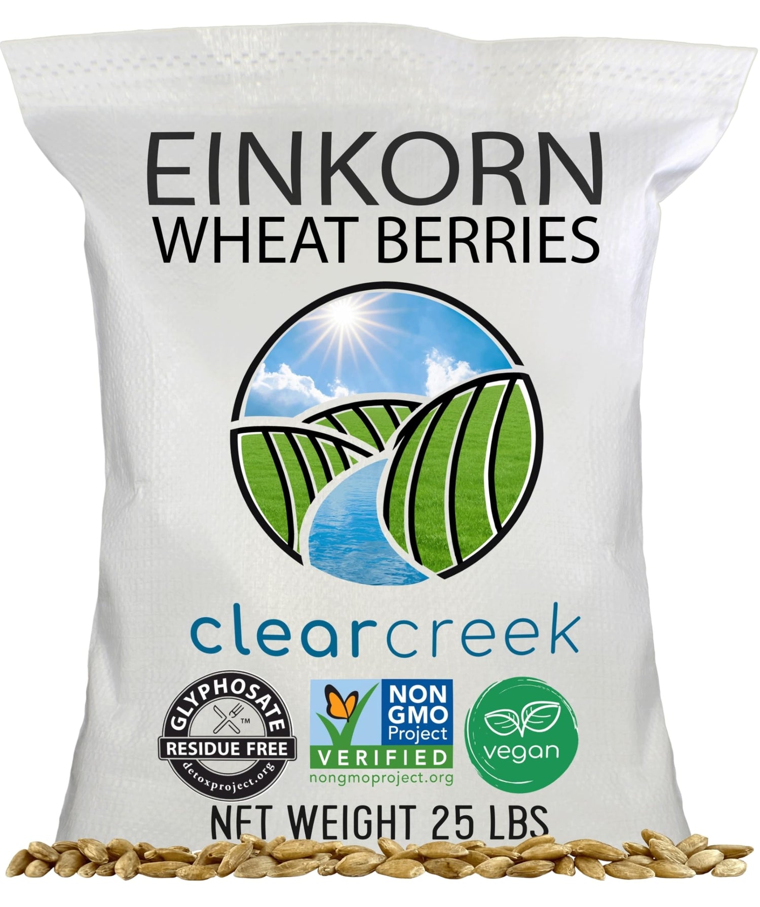 CLEAR CREEK Einkorn Wheat Berries bag front, ideal for hearty breads and textured recipes.
