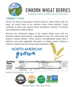 Glyphosate-free label on CLEAR CREEK Einkorn Wheat Berries supports clean-ingredient choices.
