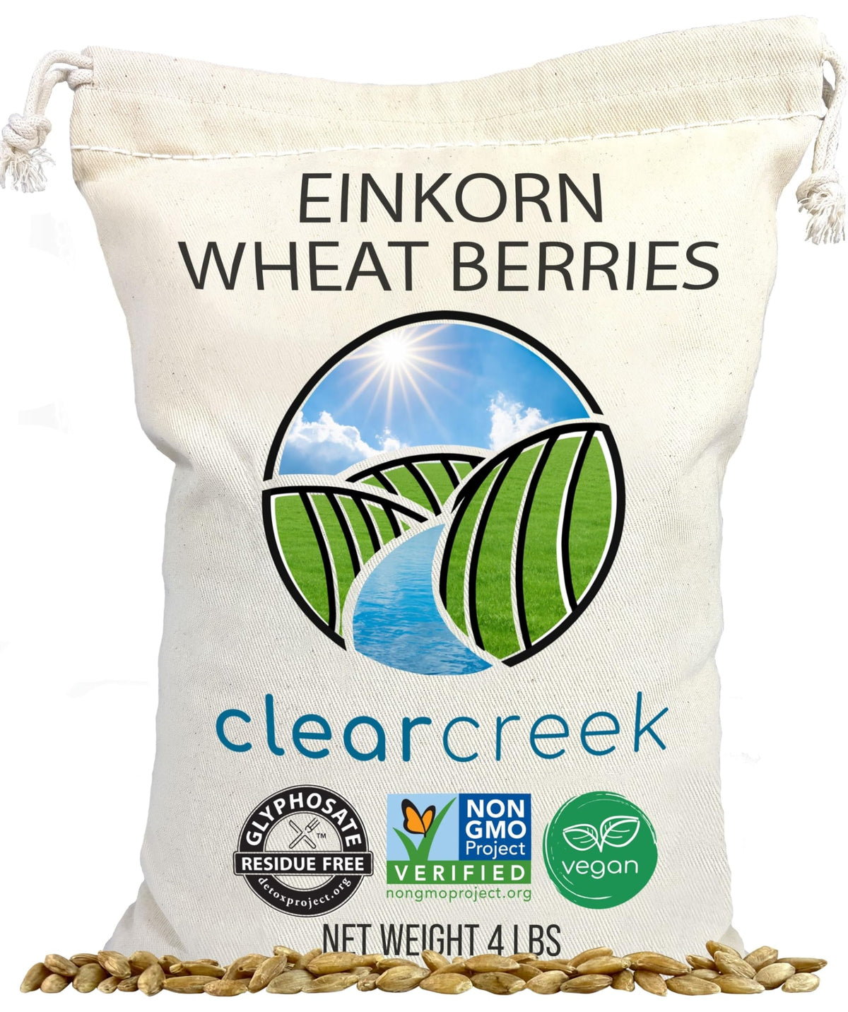 CLEAR CREEK Einkorn Wheat Berries packaging highlights glyphosate-free assurance for mindful cooks.