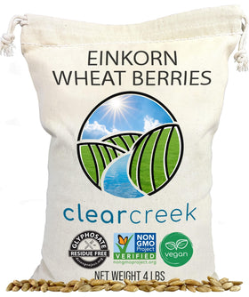 CLEAR CREEK Einkorn Wheat Berries packaging highlights glyphosate-free assurance for mindful cooks.