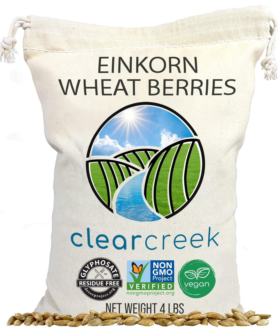 CLEAR CREEK Einkorn Wheat Berries packaging highlights glyphosate-free assurance for mindful cooks.