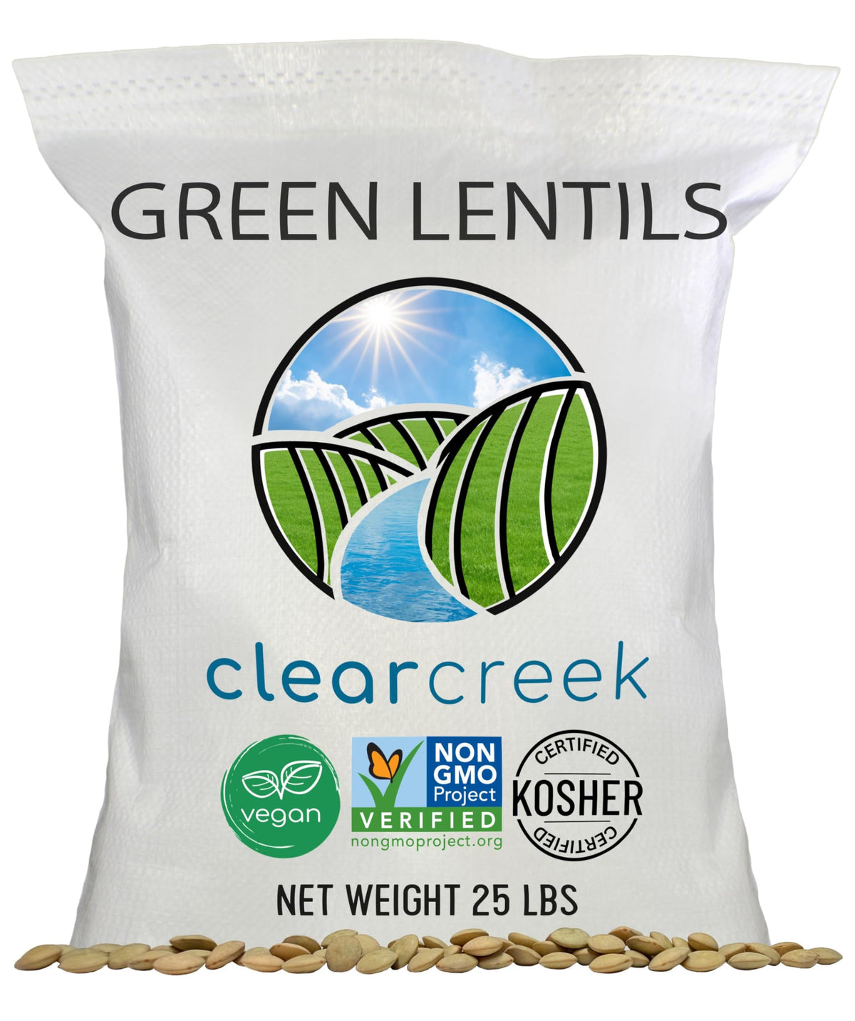 CLEAR CREEK Green Lentils in bulk packaging, ideal for pantry storage and meal prep.