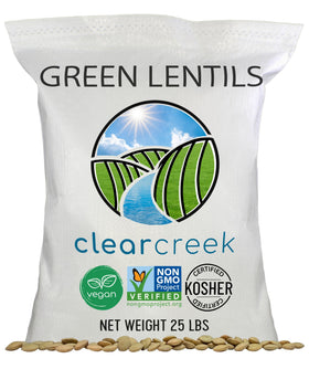 CLEAR CREEK Green Lentils in bulk packaging, ideal for pantry storage and meal prep.