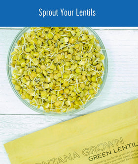 CLEAR CREEK Green Lentils packaging highlighting non-irradiation and vegan qualities