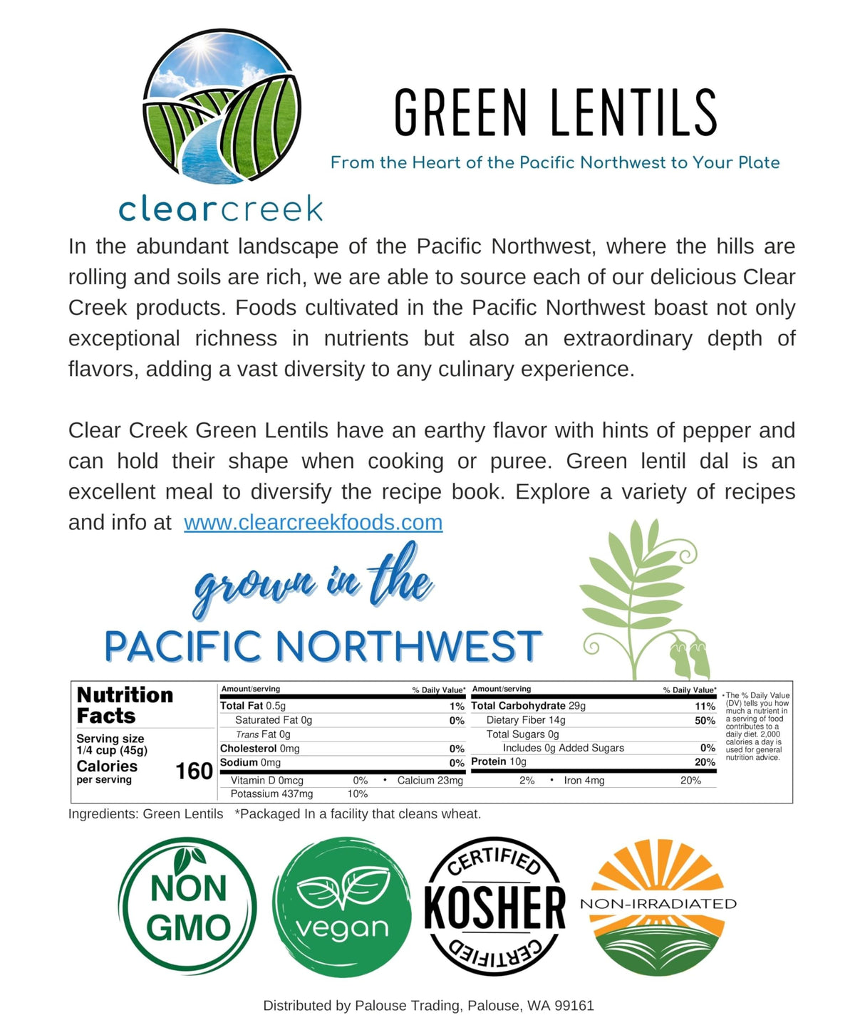 CLEAR CREEK Green Lentils North American farm origin sign for fresh sourcing.