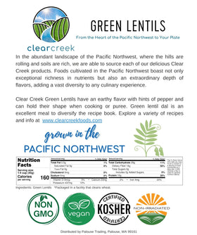 CLEAR CREEK Green Lentils North American farm origin sign for fresh sourcing.