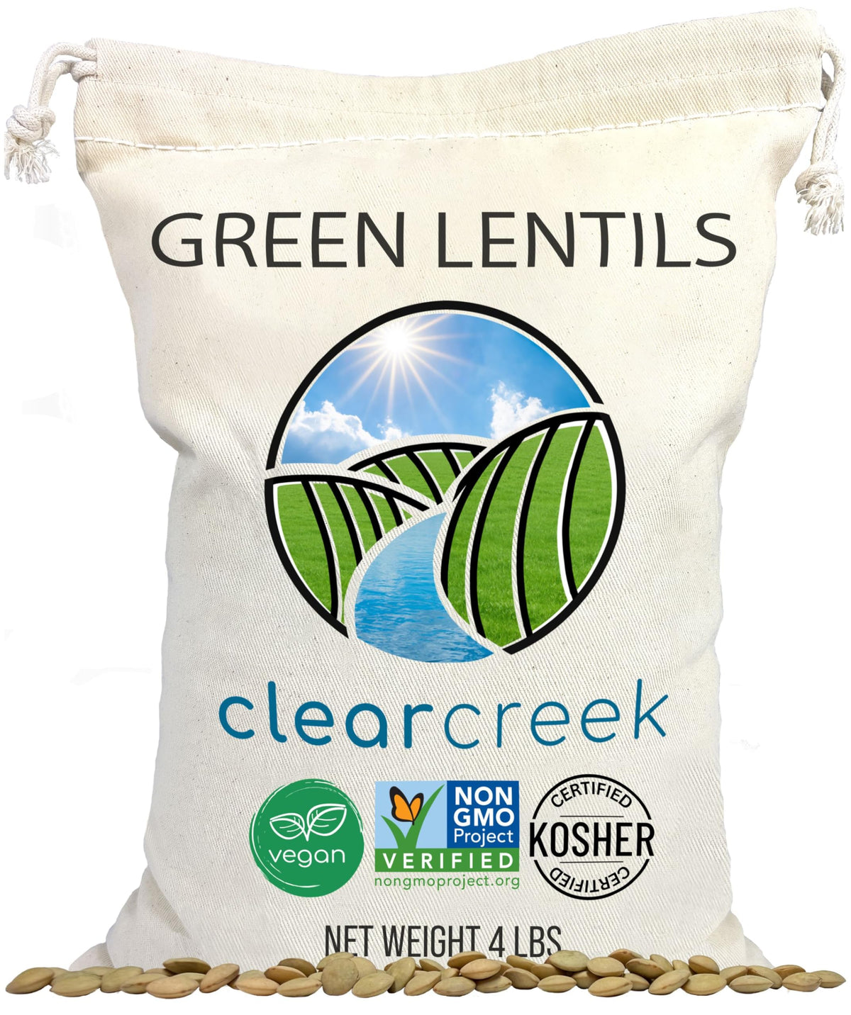 CLEAR CREEK Green Lentils packaging for easy pantry access and meal planning