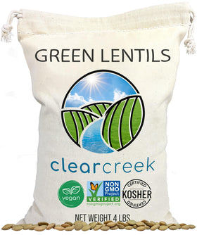 CLEAR CREEK Green Lentils packaging for easy pantry access and meal planning