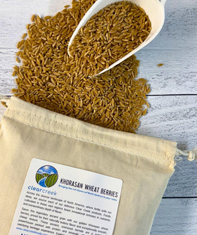 Clear Creek Khorasan wheat berries ready to enrich breads with chewy texture.