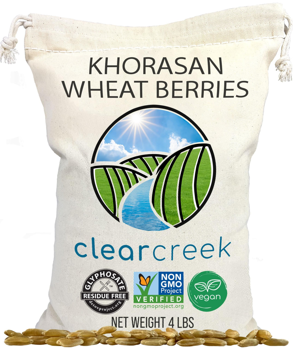 Clear Creek Khorasan wheat berries package with Glyphosate Residue Free certification.