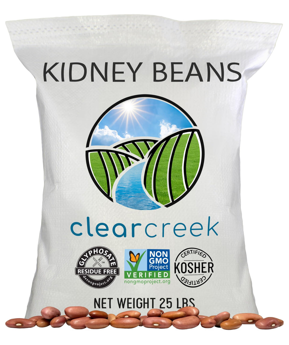 CLEAR CREEK kidney beans 25lb pack for easy meal prep.