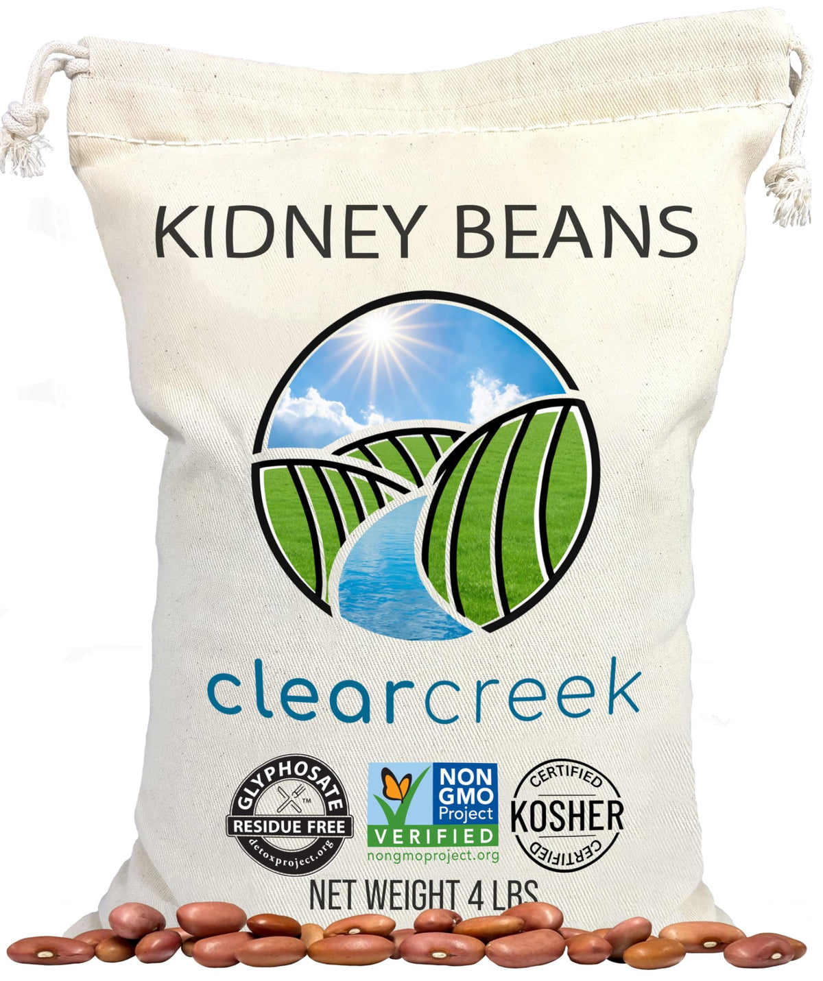 CLEAR CREEK kidney beans in a 4 lb pack, glyphosate-free for clean meals.