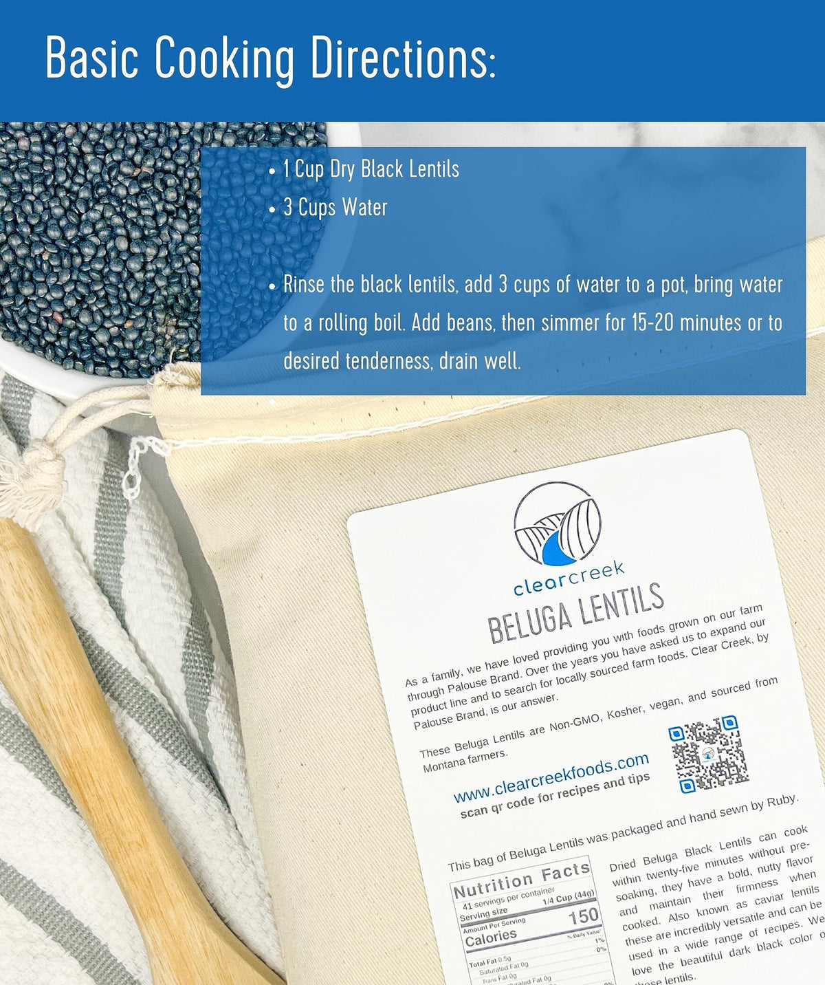 CLEAR CREEK lentils nutrition facts image emphasizes protein, fiber, and minerals.