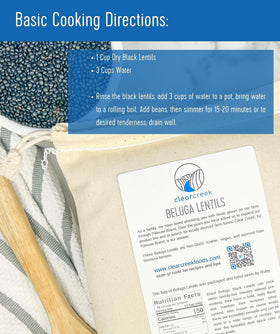 CLEAR CREEK lentils nutrition facts image emphasizes protein, fiber, and minerals.