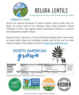 CLEAR CREEK Lentils nutrition panel indicating protein and iron content.