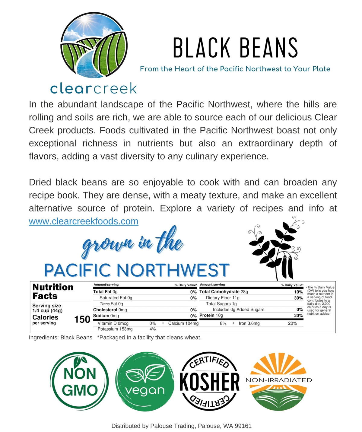 CLEAR CREEK non-irradiated beans bulk packaging illustration