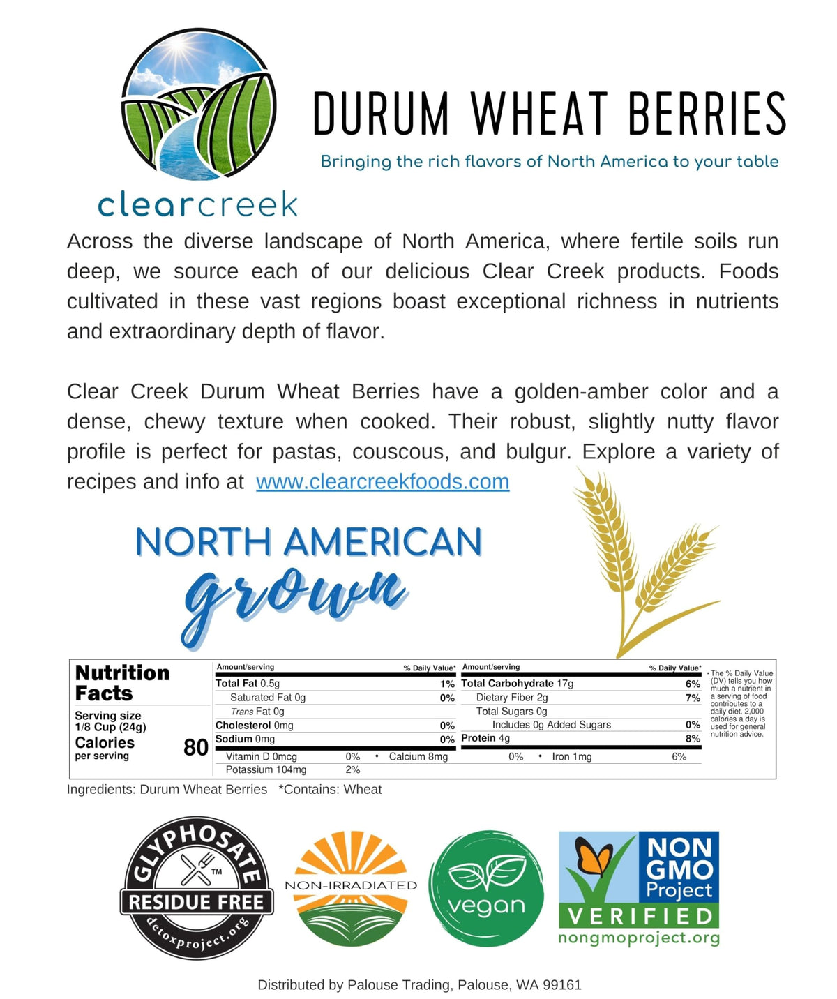 Clear Creek North American-grown whole grains support local farming.