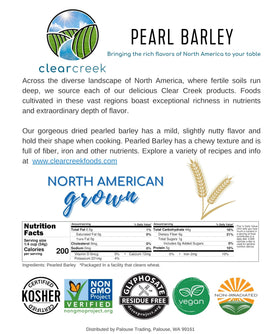 CLEAR CREEK Pearl Barley long shelf life label suggests durable pantry storage.