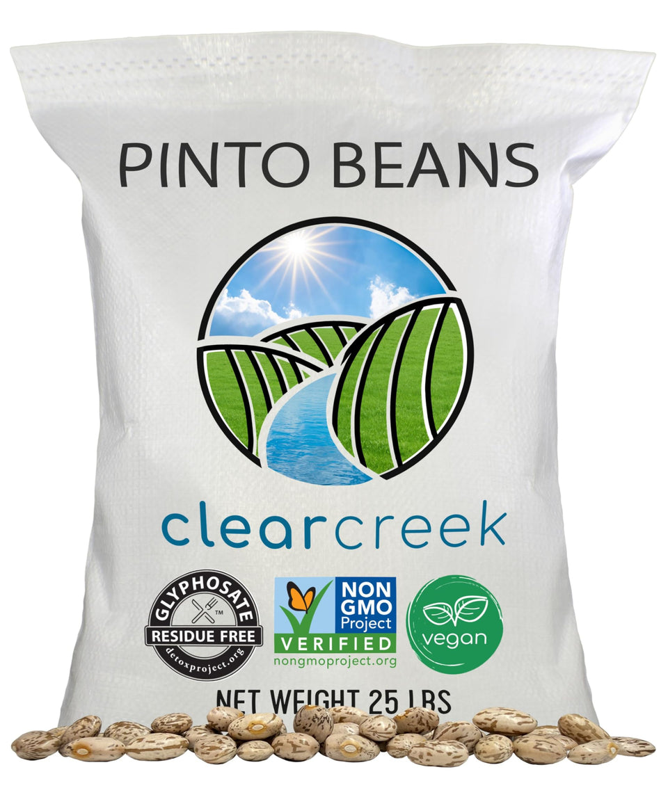 CLEAR CREEK Pinto beans in a 25lb bulk bag for easy meal prep and pantry stocking
