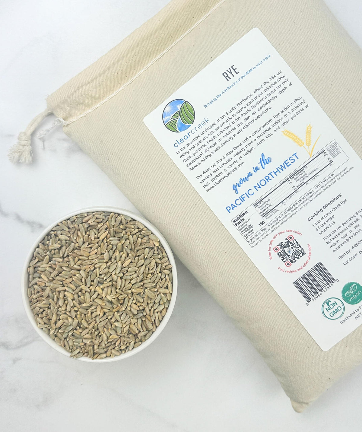 CLEAR CREEK rye berries nutrition label close-up suggests fiber-rich grains.