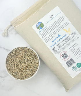 CLEAR CREEK rye berries nutrition label close-up suggests fiber-rich grains.